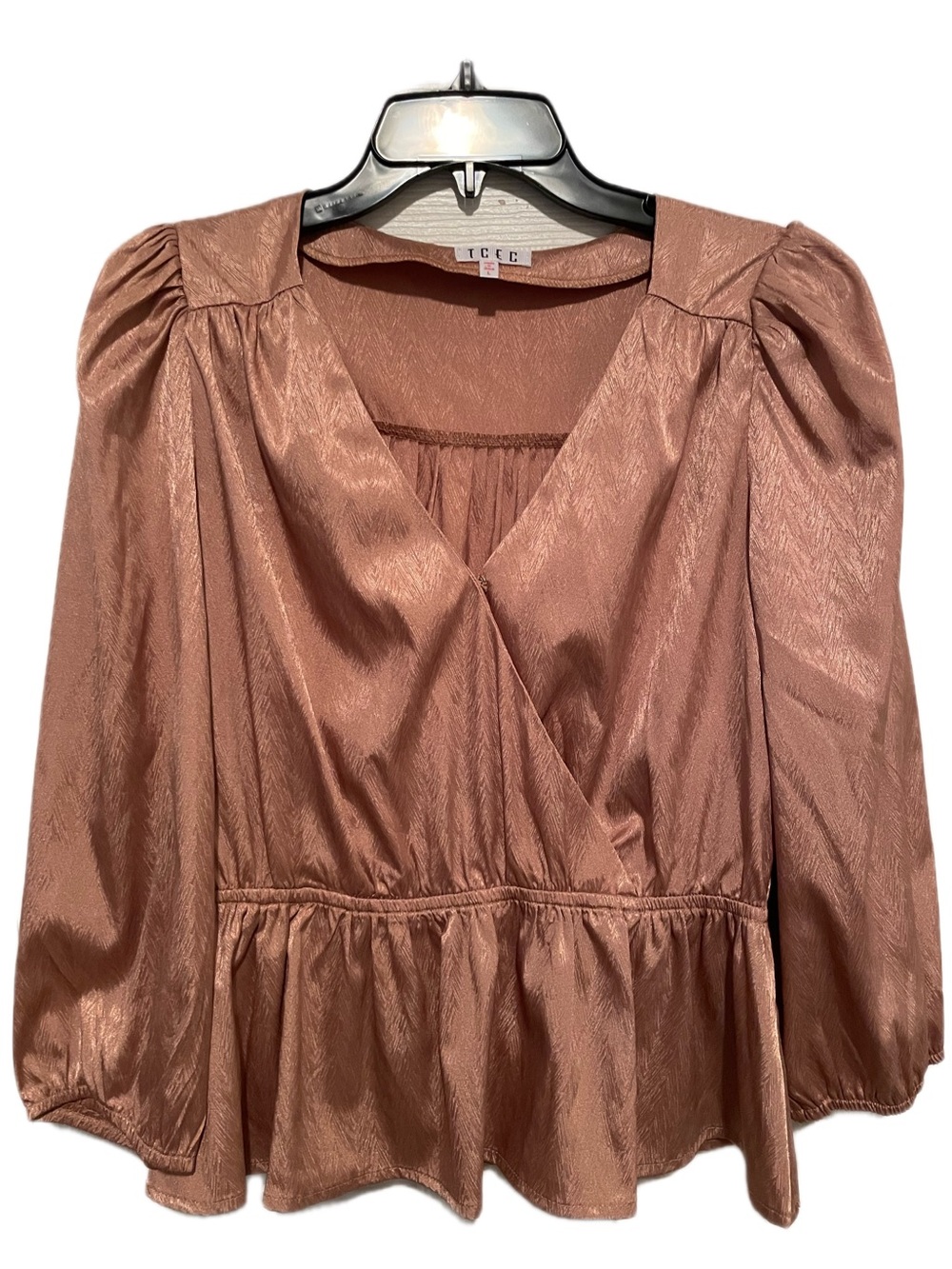 TCEC Rosewood Satin Peplum Wrap Blouse in Mauve Brown